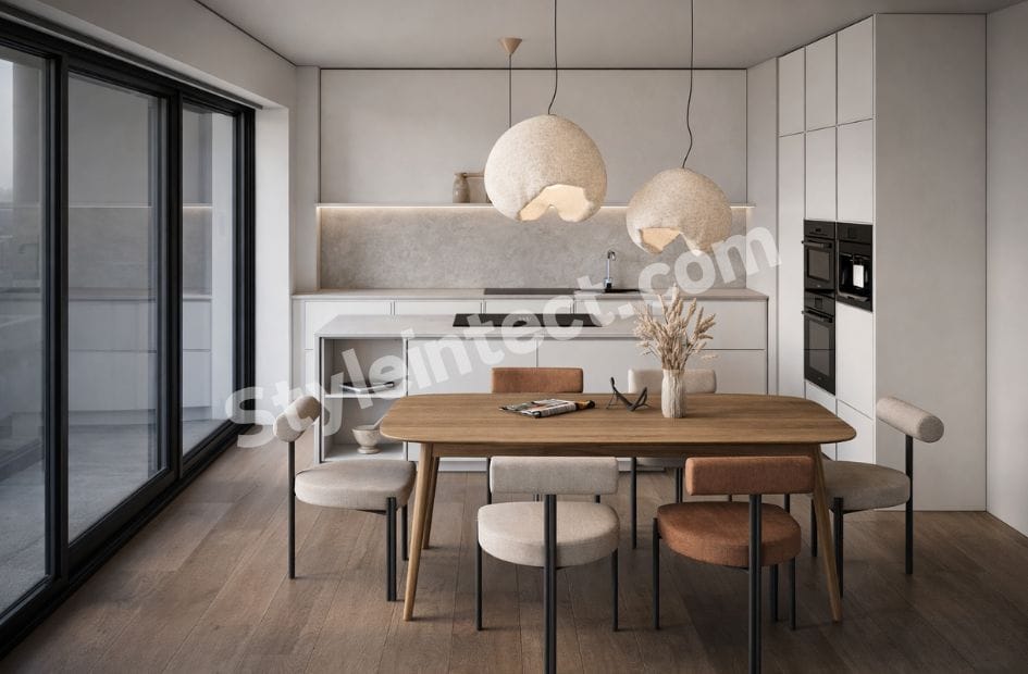 Modern Japandi kitchen design with straight modular kitchen layout, white handleless cabinets, kitchen island, built-in appliances, natural wood dining table, sculptural pendant lights, and a minimalist interior.