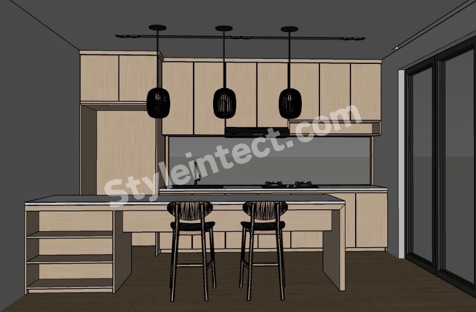Modern Japandi kitchen design with a straight modular kitchen layout, natural wood cabinets, an integrated dining table, pendant lighting, a neutral backsplash, and a minimalist interior by StyleIntect.