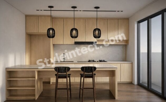 Modern Japandi kitchen design with a straight modular kitchen layout, natural wood cabinets, an integrated dining table, pendant lighting, a neutral backsplash, and a minimalist interior by StyleIntect.