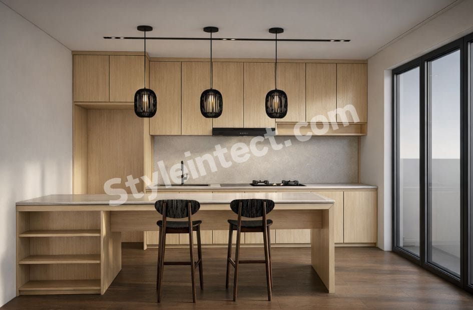 Modern Japandi kitchen design with a straight modular kitchen layout, natural wood cabinets, an integrated dining table, pendant lighting, a neutral backsplash, and a minimalist interior by StyleIntect.