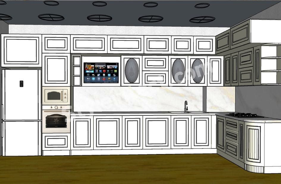 Classical Kitchen Design for Luxury Villa – L-Shaped White Classical Modular Kitchen
