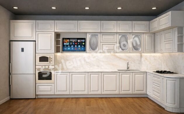 Classical Kitchen Design for Luxury Villa – L-Shaped White Classical Modular Kitchen