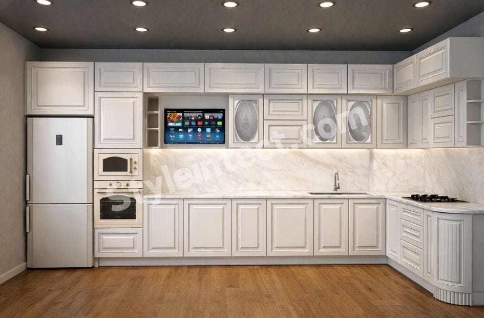 Classical Kitchen Design for Luxury Villa – L-Shaped White Classical Modular Kitchen