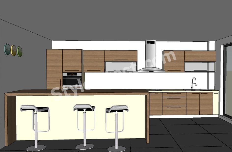 Modern Modular Kitchen Design featuring a straight layout, warm wooden cabinets, illuminated breakfast island, built-in oven, stainless steel chimney, and contemporary kitchen interior by StyleIntect.