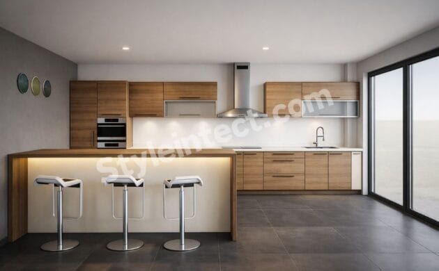 Modern Modular Kitchen Design featuring a straight layout, warm wooden cabinets, illuminated breakfast island, built-in oven, stainless steel chimney, and contemporary kitchen interior by StyleIntect.