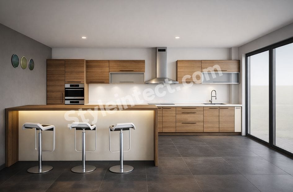 Modern Modular Kitchen Design featuring a straight layout, warm wooden cabinets, illuminated breakfast island, built-in oven, stainless steel chimney, and contemporary kitchen interior by StyleIntect.