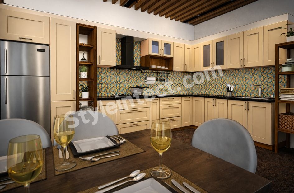 Modern Classical Kitchen Design with L-Shaped Beige Modular Kitchen, Raised Panel Cabinets, Granite Countertop, Mosaic Backsplash and Wooden Ceiling by StyleIntect.