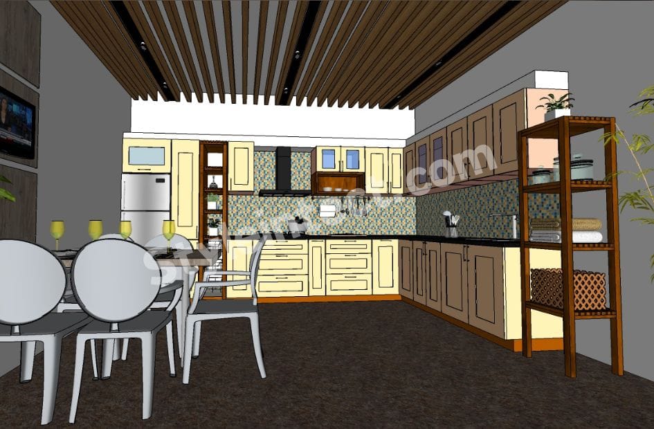 Modern Classical Kitchen Design with L-Shaped Beige Modular Kitchen, Raised Panel Cabinets, Granite Countertop, Mosaic Backsplash and Wooden Ceiling by StyleIntect.