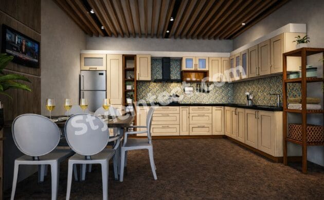 Modern Classical Kitchen Design with L-Shaped Beige Modular Kitchen, Raised Panel Cabinets, Granite Countertop, Mosaic Backsplash and Wooden Ceiling by StyleIntect.
