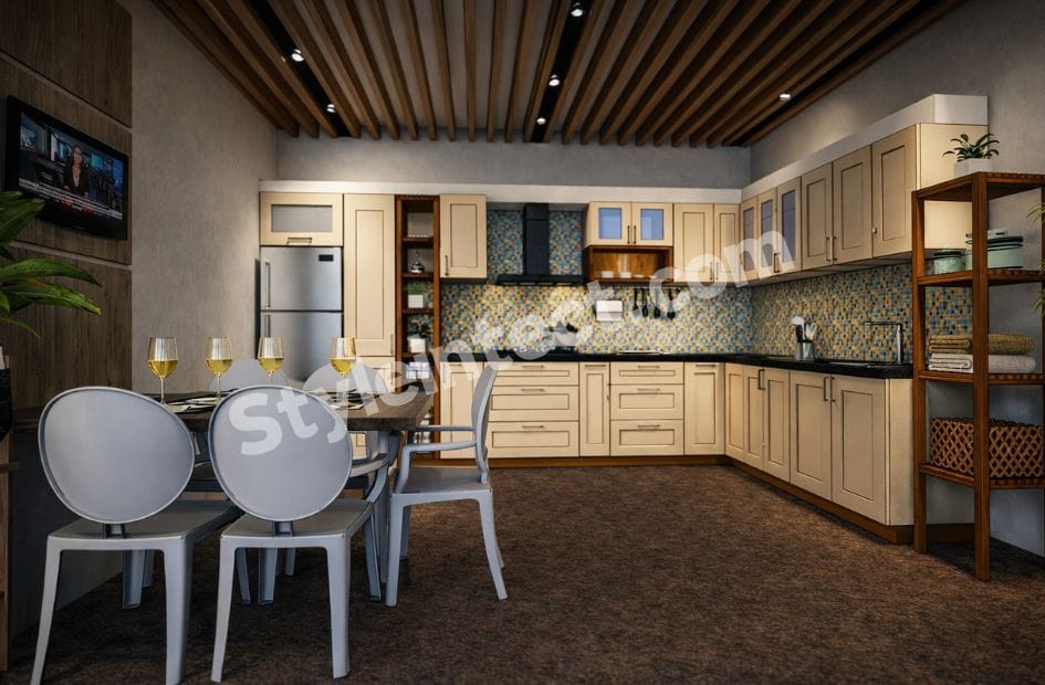 Modern Classical Kitchen Design with L-Shaped Beige Modular Kitchen, Raised Panel Cabinets, Granite Countertop, Mosaic Backsplash and Wooden Ceiling by StyleIntect.