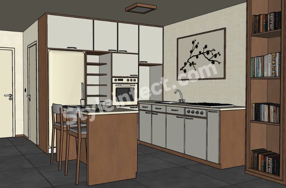Modern Japandi kitchen design with L-shaped white and wood modular cabinets, breakfast counter, built-in oven, open shelving, and grey countertop for contemporary homes.