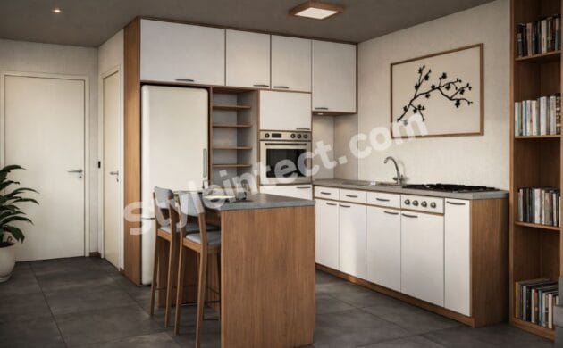 Modern Japandi kitchen design with L-shaped white and wood modular cabinets, breakfast counter, built-in oven, open shelving, and grey countertop for contemporary homes.