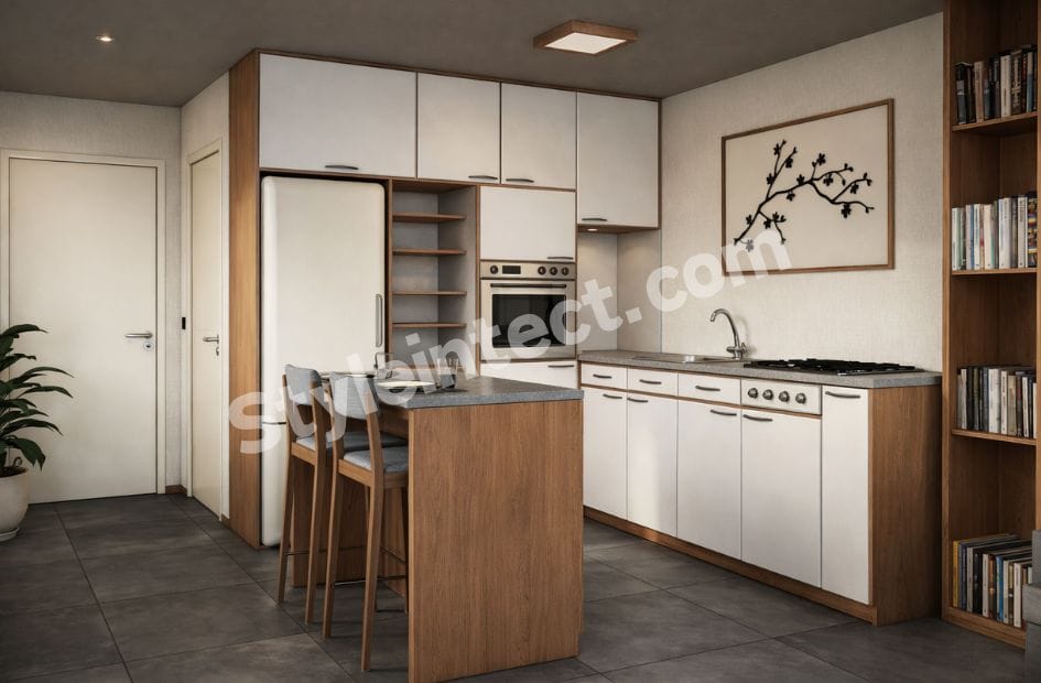 Modern Japandi kitchen design with L-shaped white and wood modular cabinets, breakfast counter, built-in oven, open shelving, and grey countertop for contemporary homes.