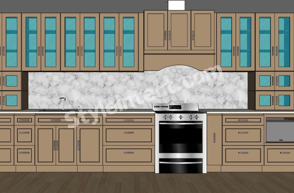 Modern Classical Modular Kitchen Design with Straight Wooden Layout, Raised Panel Cabinets, Ribbed Glass Wall Cabinets, and Marble Pattern Backsplash by StyleIntect.