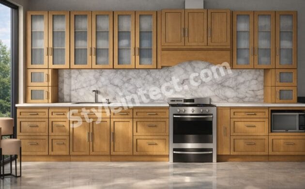 Modern Classical Modular Kitchen Design with Straight Wooden Layout, Raised Panel Cabinets, Ribbed Glass Wall Cabinets, and Marble Pattern Backsplash by StyleIntect.