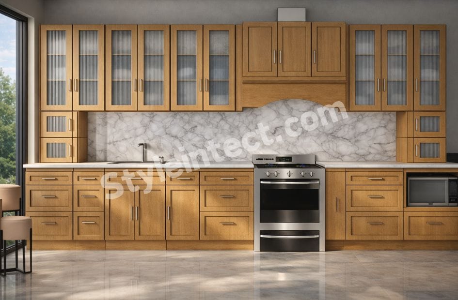 Modern Classical Modular Kitchen Design with Straight Wooden Layout, Raised Panel Cabinets, Ribbed Glass Wall Cabinets, and Marble Pattern Backsplash by StyleIntect.