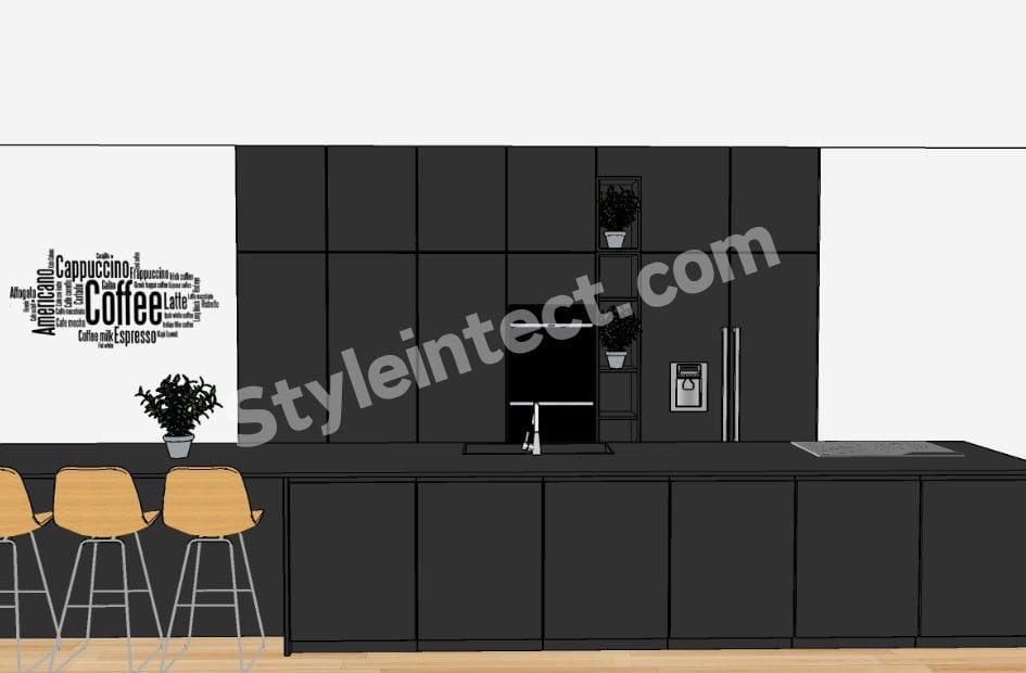 Modern Minimalist Modular Kitchen Design with Straight Layout, Black Cabinets, Large Island, Integrated Appliances and Open Dining Area | StyleIntect
