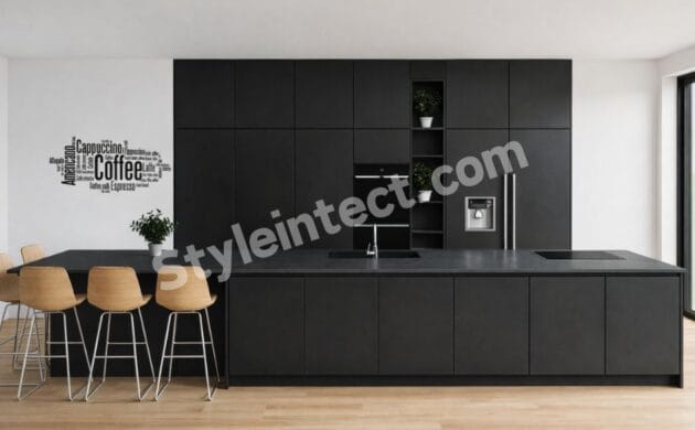 Modern Minimalist Modular Kitchen Design with Straight Layout, Black Cabinets, Large Island, Integrated Appliances and Open Dining Area | StyleIntect