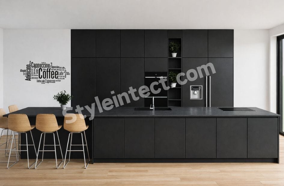 Modern Minimalist Modular Kitchen Design with Straight Layout, Black Cabinets, Large Island, Integrated Appliances and Open Dining Area | StyleIntect