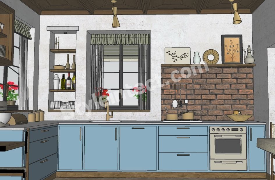 Modern Rustic Modular Kitchen Design with L-shaped dusty blue cabinets, exposed brick backsplash, wooden ceiling, open shelving, built-in oven, large windows, and dining area for elegant residential interiors.