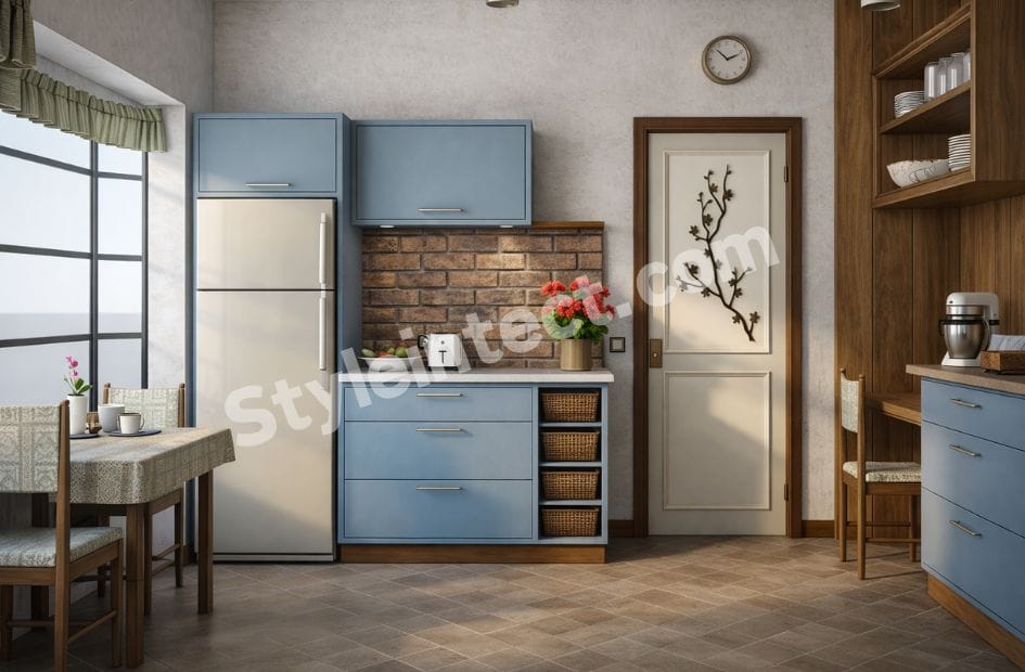 Modern Rustic Modular Kitchen Design with L-shaped dusty blue cabinets, exposed brick backsplash, wooden ceiling, open shelving, built-in oven, large windows, and dining area for elegant residential interiors.