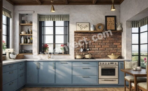 Modern Rustic Modular Kitchen Design with L-shaped dusty blue cabinets, exposed brick backsplash, wooden ceiling, open shelving, built-in oven, large windows, and dining area for elegant residential interiors.