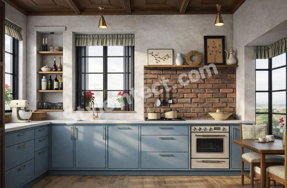 Modern Rustic Modular Kitchen Design with L-shaped dusty blue cabinets, exposed brick backsplash, wooden ceiling, open shelving, built-in oven, large windows, and dining area for elegant residential interiors.