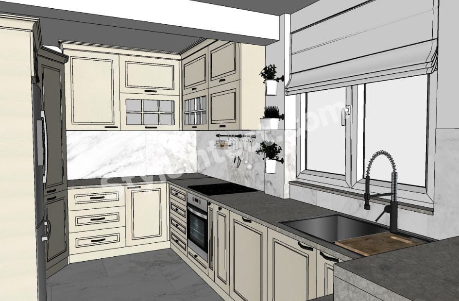 Luxury Classical Modular Kitchen Design with L-Shaped Ivory Cabinets, Marble Backsplash, Dark Stone Countertops, and Premium Storage Solutions for Modern Homes.