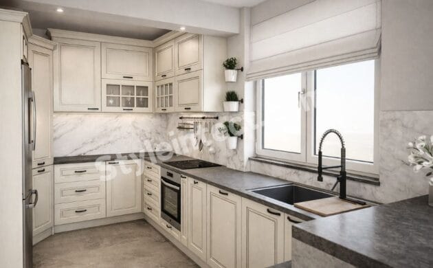 Luxury Classical Modular Kitchen Design with L-Shaped Ivory Cabinets, Marble Backsplash, Dark Stone Countertops, and Premium Storage Solutions for Modern Homes.