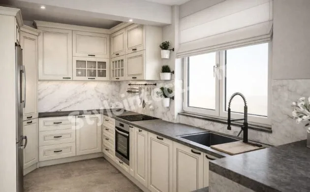 Luxury Classical Modular Kitchen Design with L-Shaped Ivory Cabinets, Marble Backsplash, Dark Stone Countertops, and Premium Storage Solutions for Modern Homes.