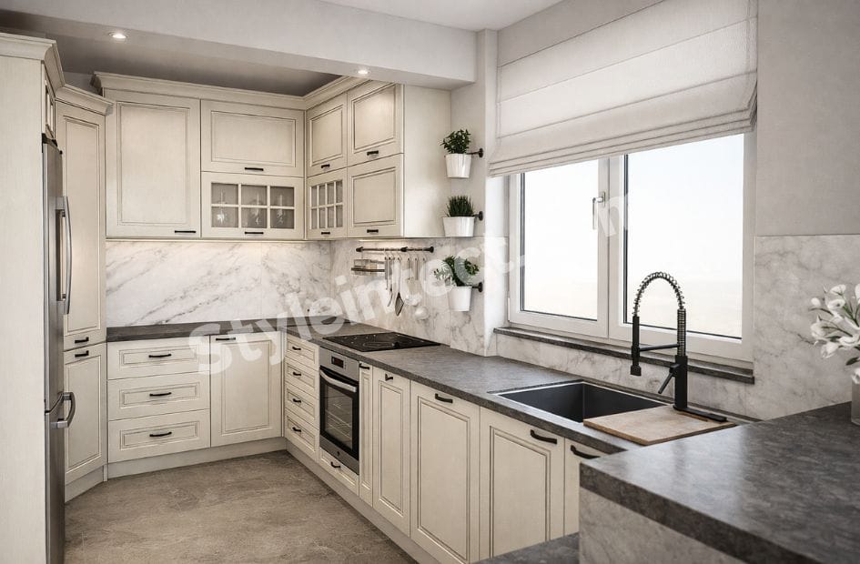 Luxury Classical Modular Kitchen Design with L-Shaped Ivory Cabinets, Marble Backsplash, Dark Stone Countertops, and Premium Storage Solutions for Modern Homes.