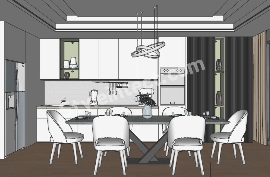 Modern Open Kitchen Interior Design with White Linear Modular Kitchen, Built-In Appliances, Integrated Dining Area and Contemporary Pendant Lighting.