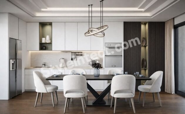 Modern Open Kitchen Interior Design with White Linear Modular Kitchen, Built-In Appliances, Integrated Dining Area and Contemporary Pendant Lighting.