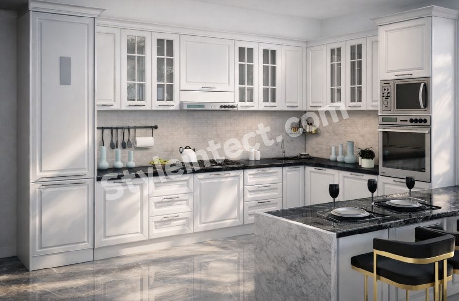 Luxury Classical Kitchen Design with U-Shaped White Modular Kitchen, Raised Panel Cabinets, Glass Cabinets, Dark Stone Countertops, Kitchen Island, and Built-in Appliances by StyleIntect.
