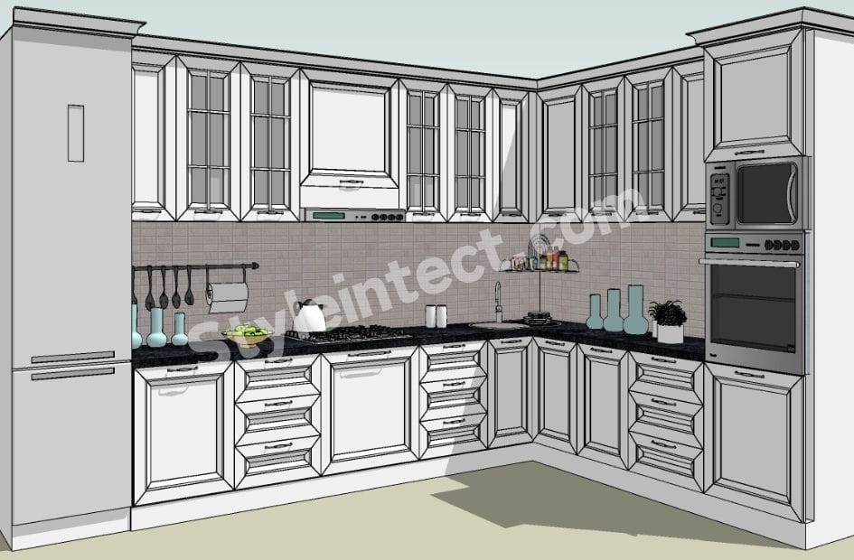 Luxury Classical Kitchen Design with U-Shaped White Modular Kitchen, Raised Panel Cabinets, Glass Cabinets, Dark Stone Countertops, Kitchen Island, and Built-in Appliances by StyleIntect.