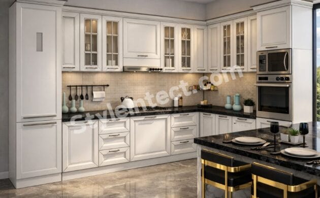 Luxury Classical Kitchen Design with U-Shaped White Modular Kitchen, Raised Panel Cabinets, Glass Cabinets, Dark Stone Countertops, Kitchen Island, and Built-in Appliances by StyleIntect.