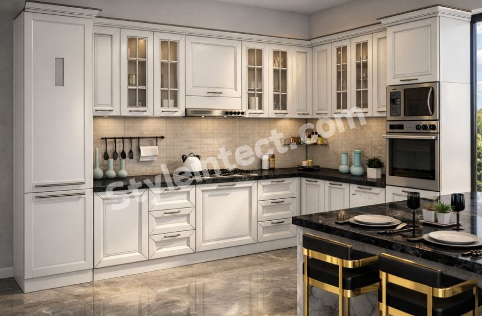 Luxury Classical Kitchen Design with U-Shaped White Modular Kitchen, Raised Panel Cabinets, Glass Cabinets, Dark Stone Countertops, Kitchen Island, and Built-in Appliances by StyleIntect.