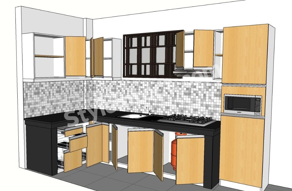 Modern Modular Kitchen Design with L-Shaped Wooden Cabinets, Black Countertop, Mosaic Tile Backsplash and Built-in Appliances.