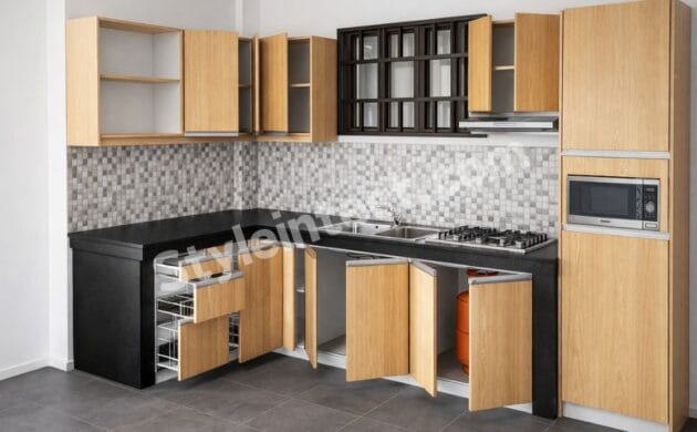 Modern Modular Kitchen Design with L-Shaped Wooden Cabinets, Black Countertop, Mosaic Tile Backsplash and Built-in Appliances.