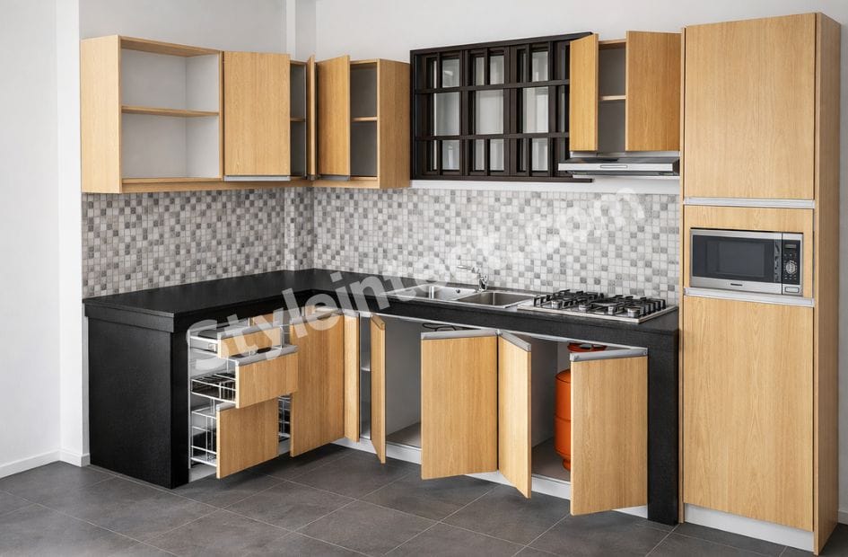 Modern Modular Kitchen Design with L-Shaped Wooden Cabinets, Black Countertop, Mosaic Tile Backsplash and Built-in Appliances.