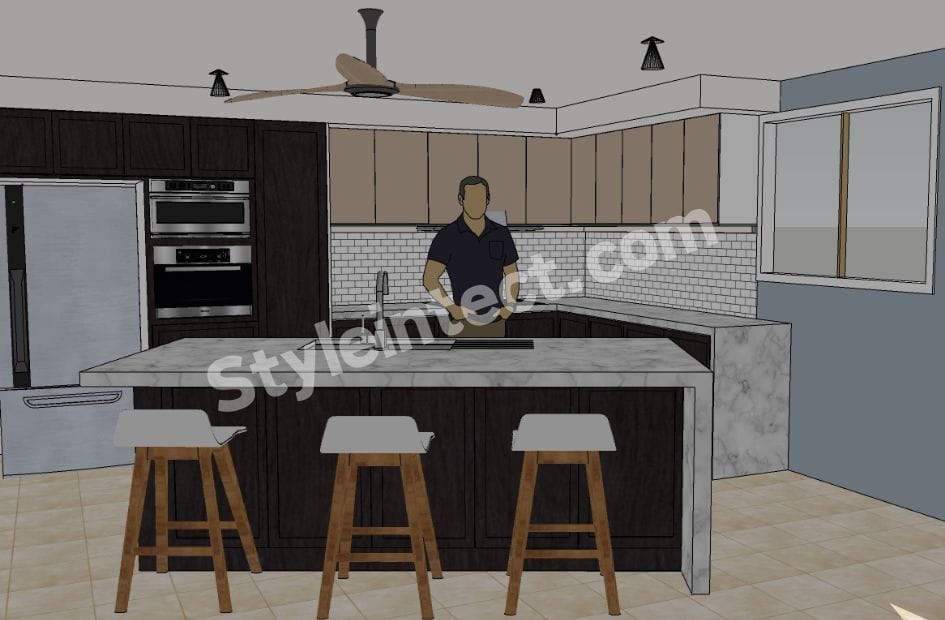 Modern Island Kitchen Design with U-Shaped Modular Kitchen, Dark Wood Cabinets, Beige Upper Cabinets, Marble Island Countertop, and Built-in Appliances.