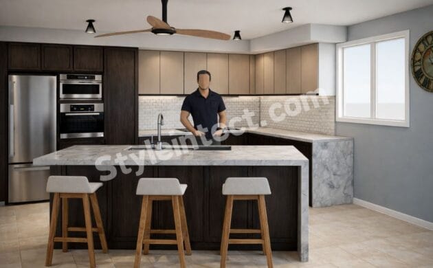 Modern Island Kitchen Design with U-Shaped Modular Kitchen, Dark Wood Cabinets, Beige Upper Cabinets, Marble Island Countertop, and Built-in Appliances.