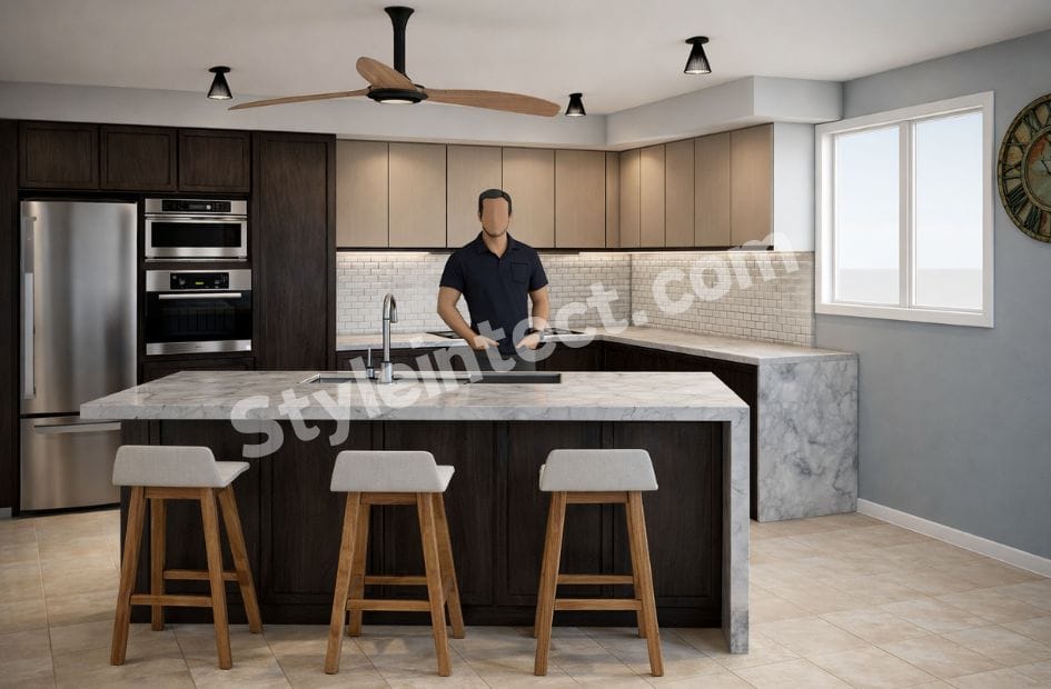 Modern Island Kitchen Design with U-Shaped Modular Kitchen, Dark Wood Cabinets, Beige Upper Cabinets, Marble Island Countertop, and Built-in Appliances.