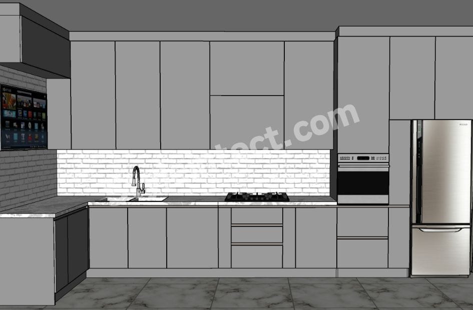 Modern Modular Kitchen Design with L-Shaped Grey Cabinets, White Stone Countertop, Built-in Appliances and Contemporary Kitchen Interior Design.