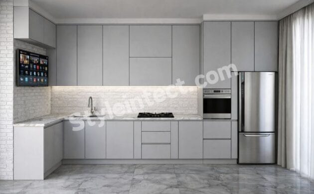 Modern Modular Kitchen Design with L-Shaped Grey Cabinets, White Stone Countertop, Built-in Appliances and Contemporary Kitchen Interior Design.