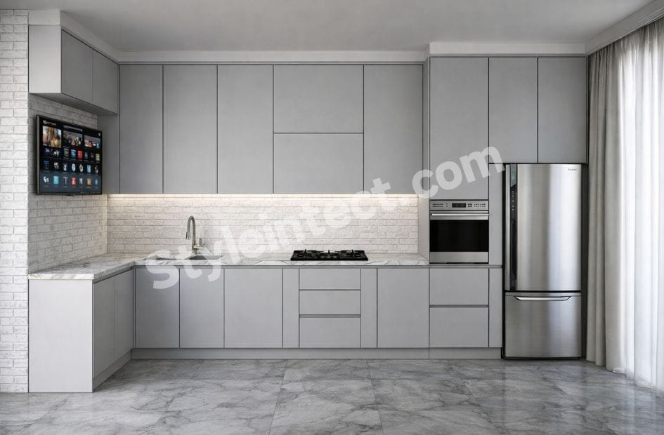 Modern Modular Kitchen Design with L-Shaped Grey Cabinets, White Stone Countertop, Built-in Appliances and Contemporary Kitchen Interior Design.