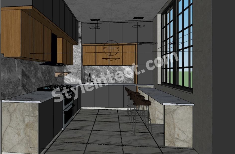 Modern Modular Kitchen Design with U-Shaped Grey and Wood Cabinets, Marble Finish Countertop, Breakfast Counter, Large Windows, and Contemporary Luxury Interior.