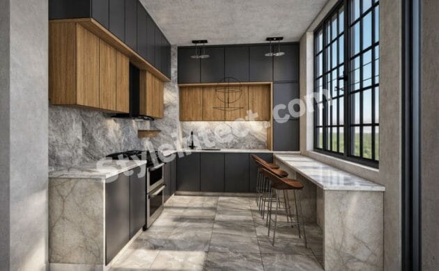 Modern Modular Kitchen Design with U-Shaped Grey and Wood Cabinets, Marble Finish Countertop, Breakfast Counter, Large Windows, and Contemporary Luxury Interior.