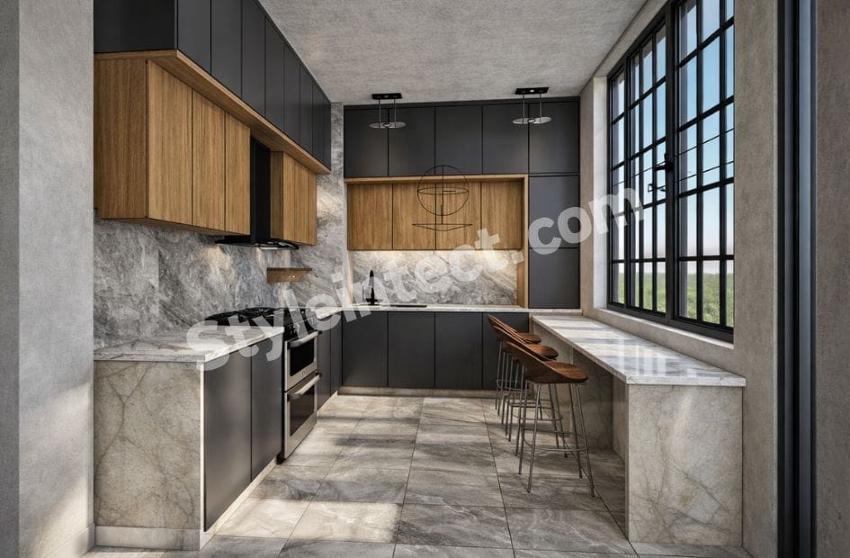 Modern Modular Kitchen Design with U-Shaped Grey and Wood Cabinets, Marble Finish Countertop, Breakfast Counter, Large Windows, and Contemporary Luxury Interior.