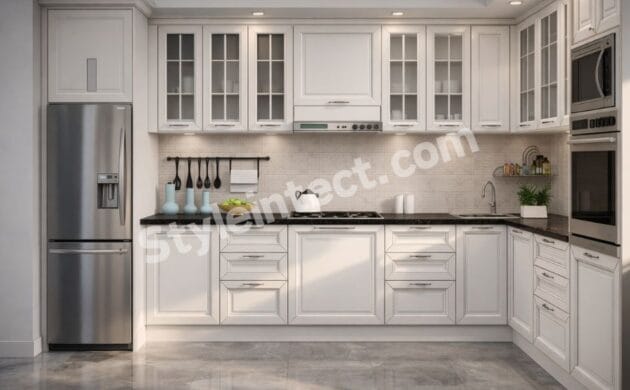 White Classical Modular Kitchen Design with U-shaped Layout, Glass Cabinets, Black Granite Countertop and Built-in Appliances by StyleIntect.